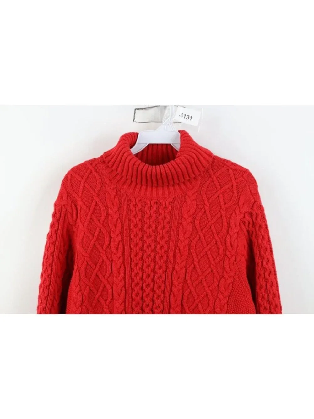 Vintage Lands End Womens XL Chunky Cable Knit Fisherman Turtleneck Sweater Red